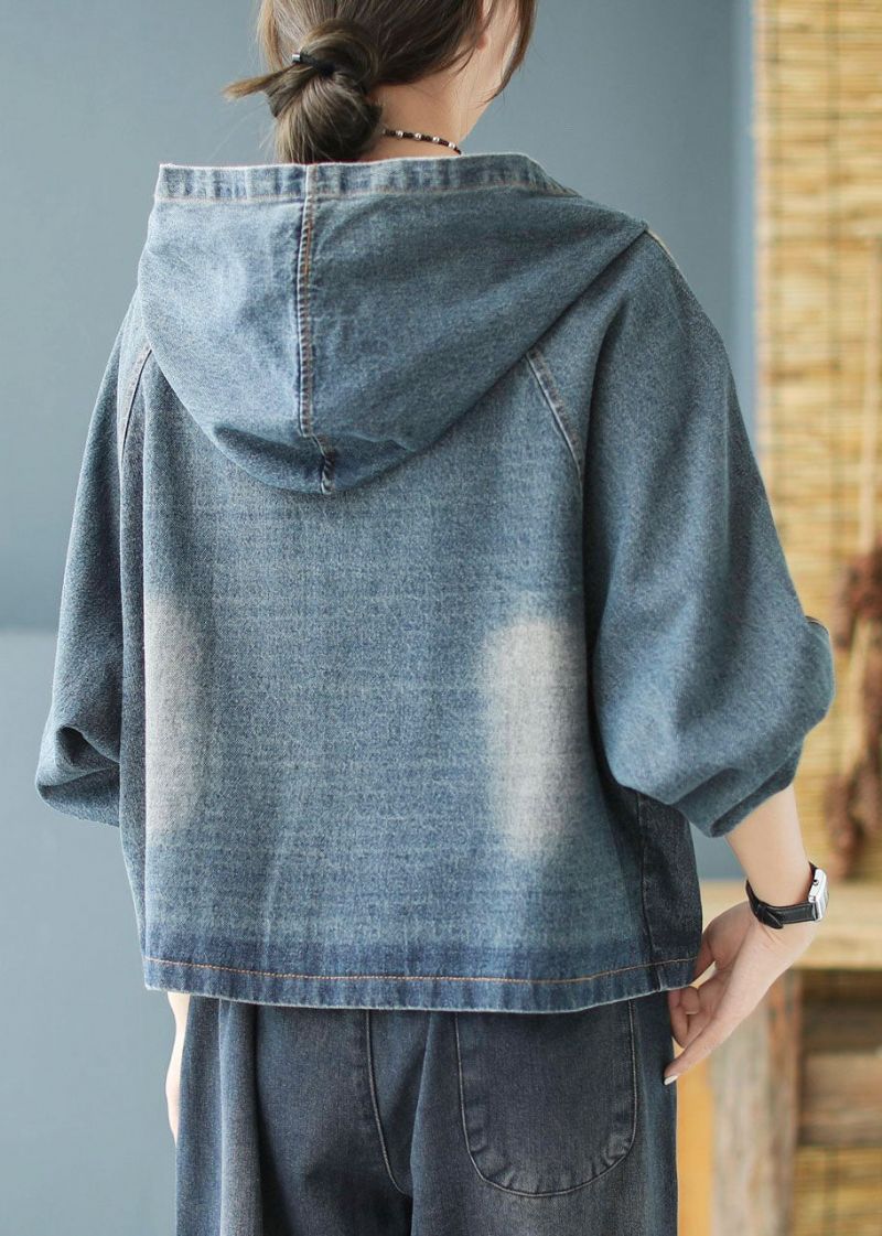 Dames Zwarte Print Patchwork Losse Herfst Denim Hoodie Jas - Zwart