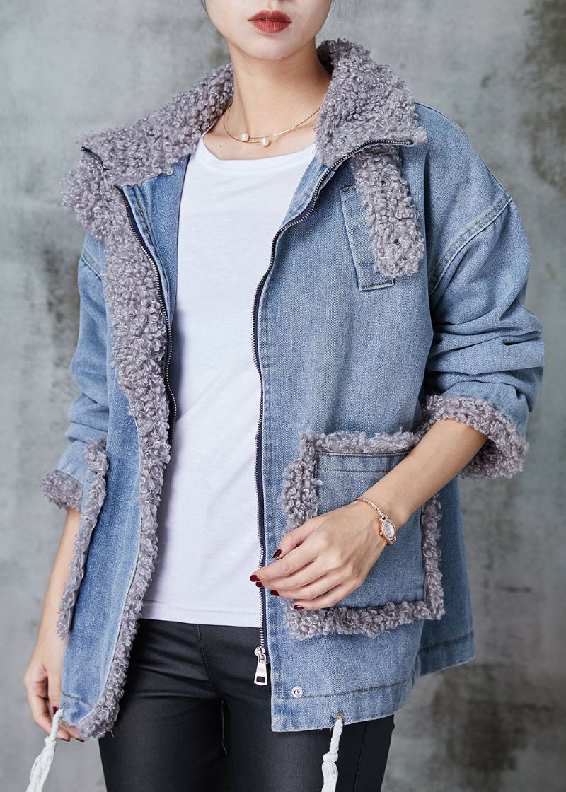 Denimblauwe Patchwork Fleece Wol Gevoerde Jas Oversized Winter