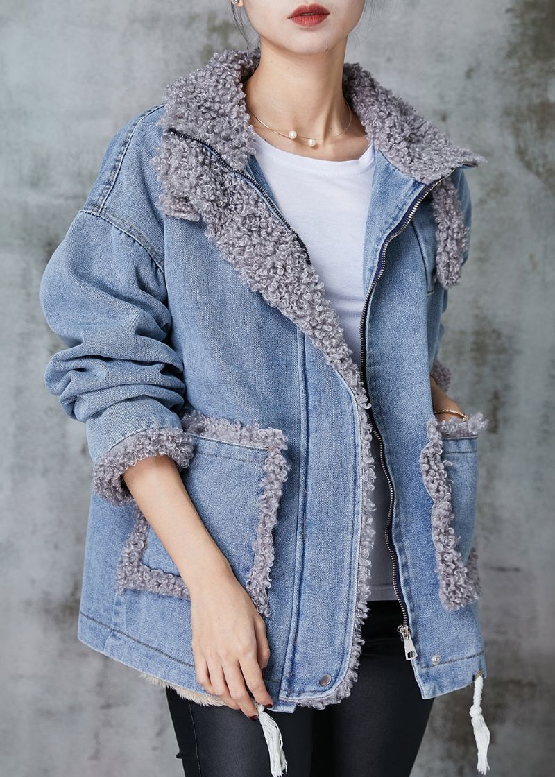 Denimblauwe Patchwork Fleece Wol Gevoerde Jas Oversized Winter - Dames winterjassen