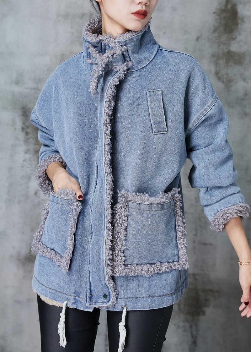 Denimblauwe Patchwork Fleece Wol Gevoerde Jas Oversized Winter - Dames winterjassen