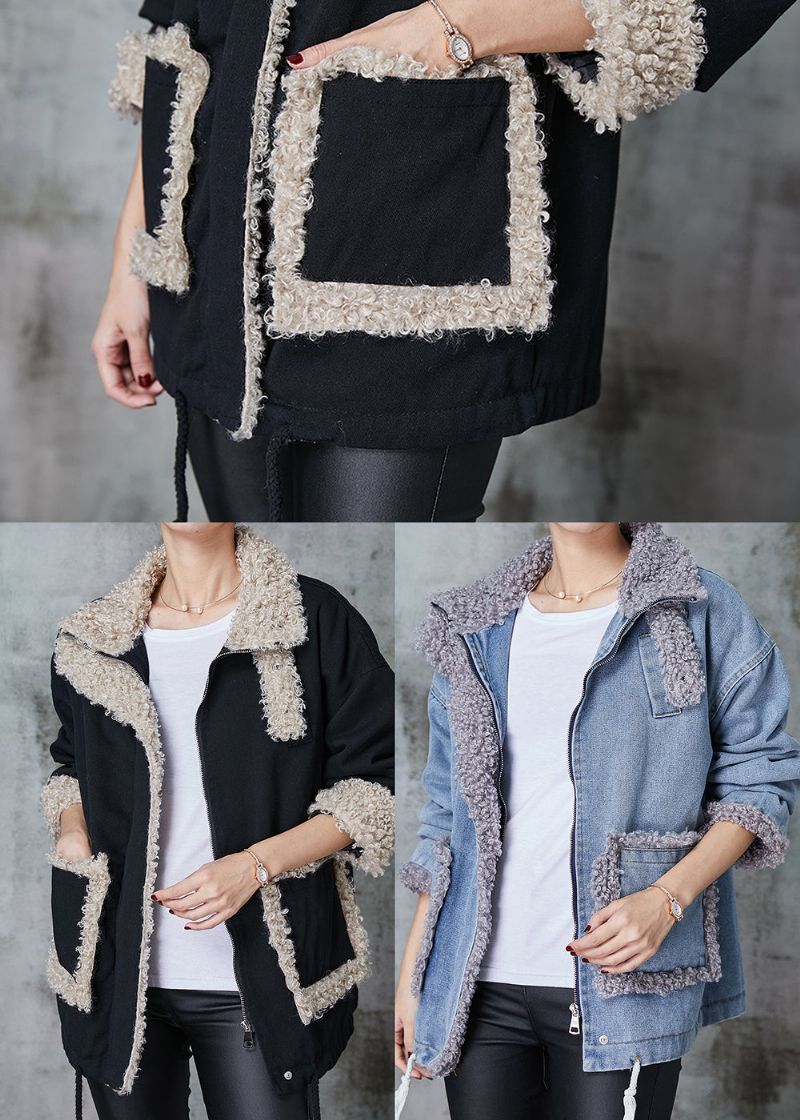 Denimblauwe Patchwork Fleece Wol Gevoerde Jas Oversized Winter - Dames winterjassen