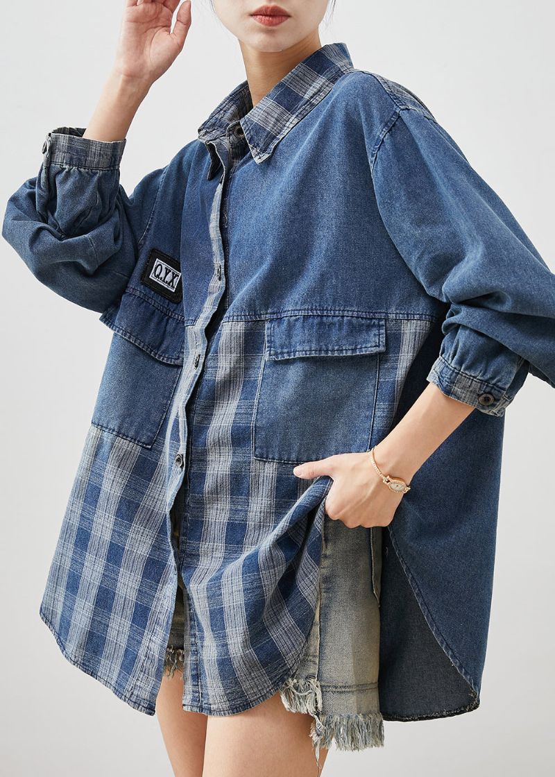 Diy Blauwe Oversized Patchwork Geruite Denim Jassen Lente