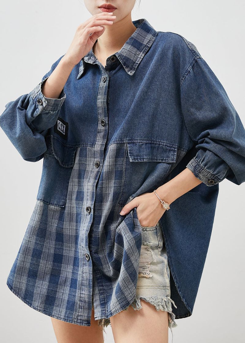 Diy Blauwe Oversized Patchwork Geruite Denim Jassen Lente - Dames winterjassen