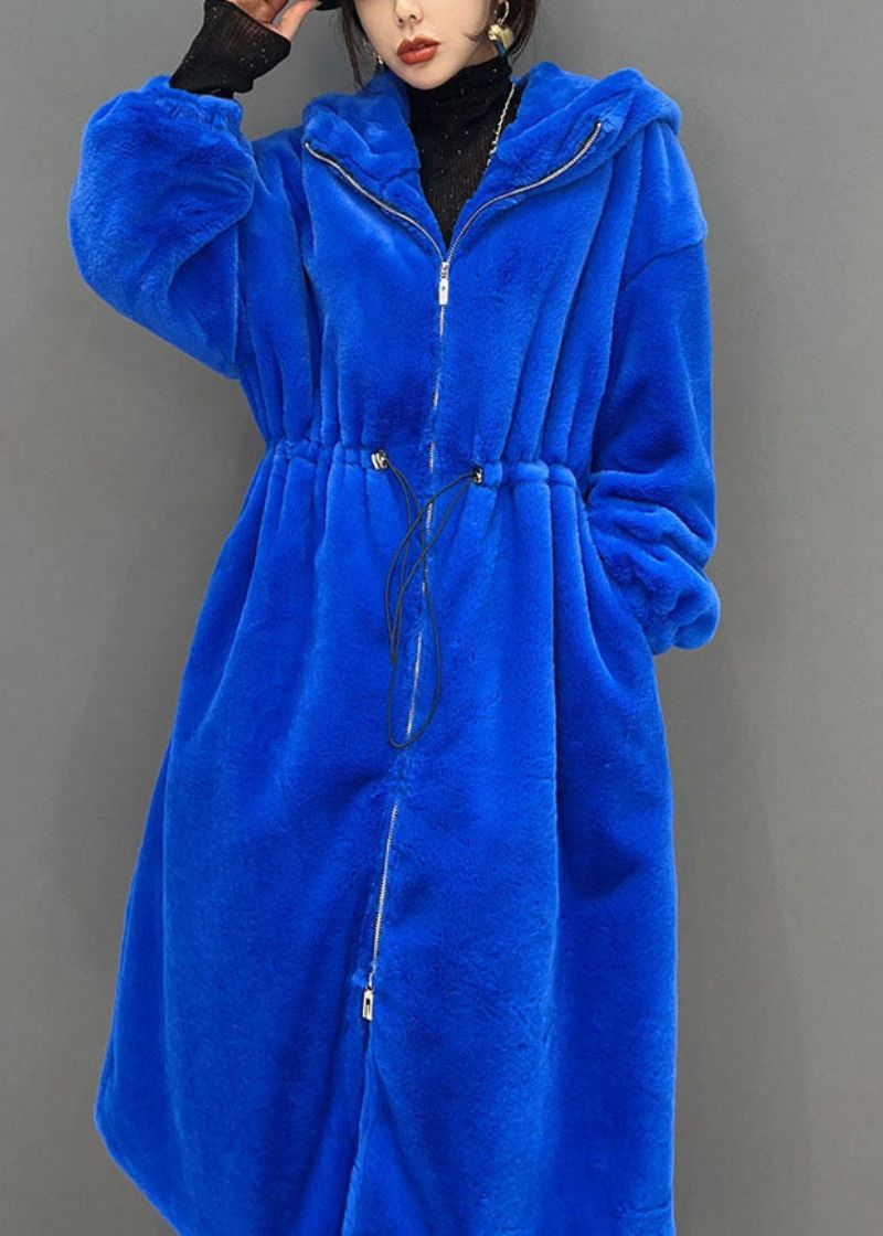 Diy Blauwe Ritssluiting Met Trekkoord Met Capuchon Fuzzy Fur Pluizige Lange Jassen Winter - Dames winterjassen