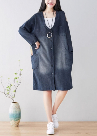 Diy Blauwe Trenchcoats Met Patchwork En V-hals Lente