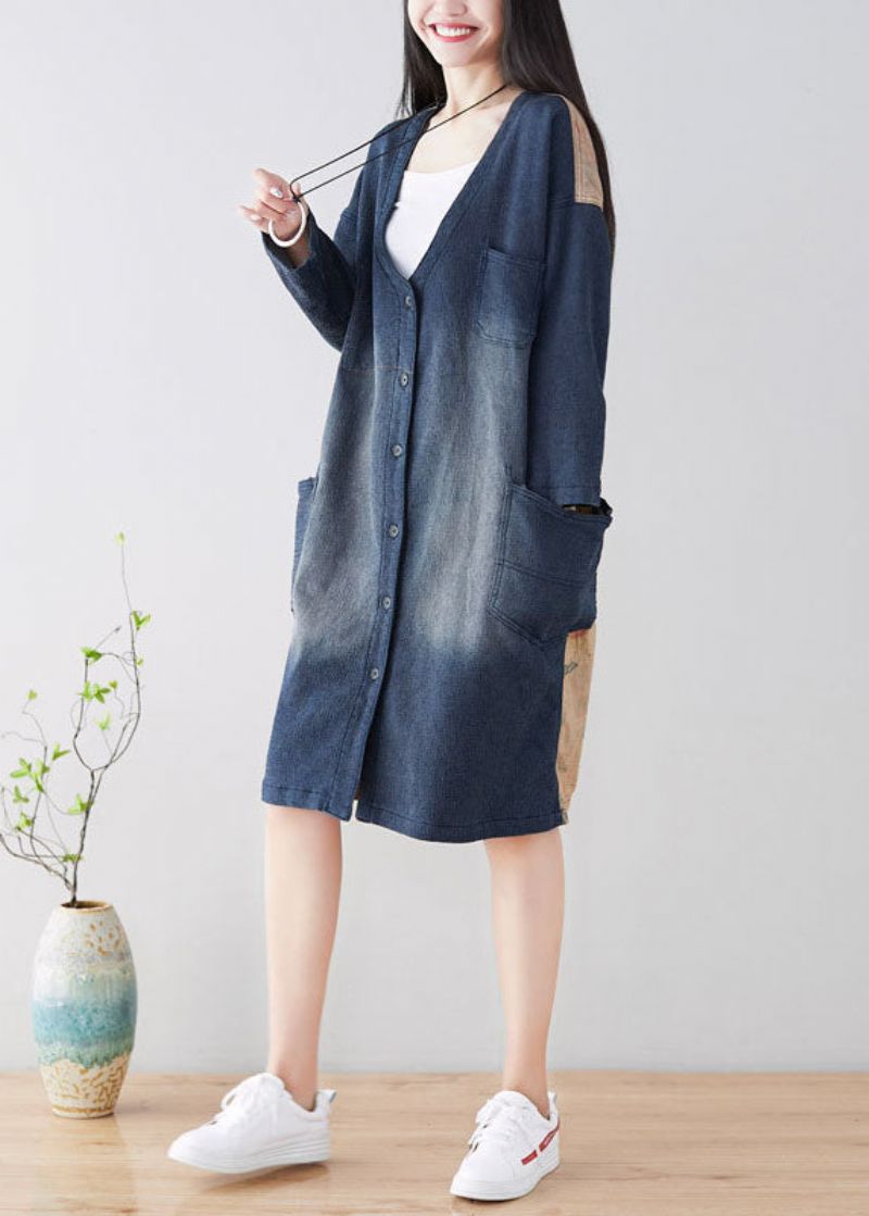 Diy Blauwe Trenchcoats Met Patchwork En V-hals Lente - Blauw