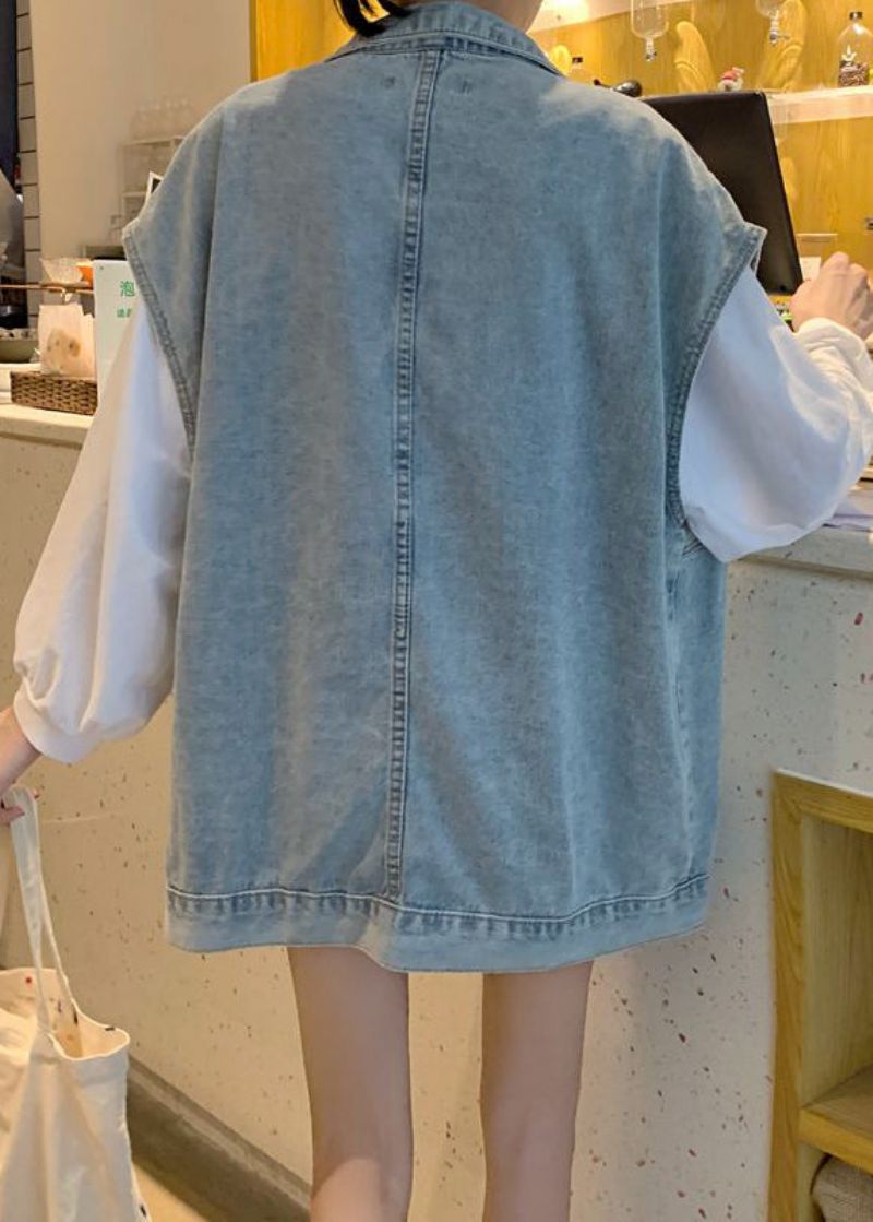 Diy Denim Blue Peter Pan Kraag Zakken Patchwork Vest Mouwloos - Dames winterjassen