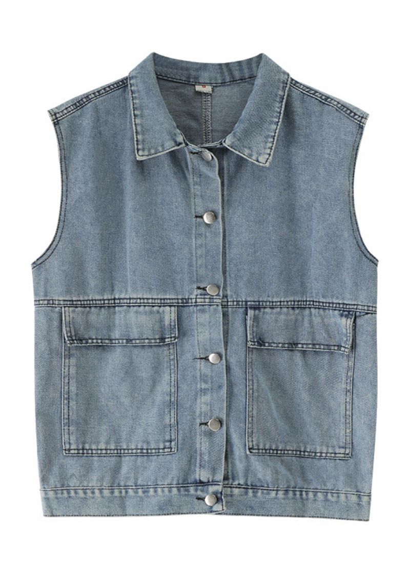 Diy Denim Blue Peter Pan Kraag Zakken Patchwork Vest Mouwloos - Dames winterjassen