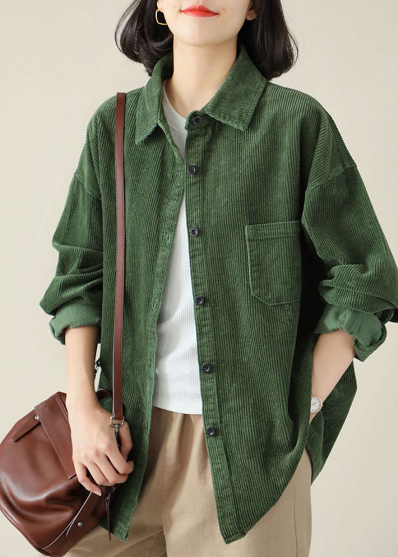 Diy Groene Turn-down Kraag Oversized Zak Corduroy Blouse Top Lente