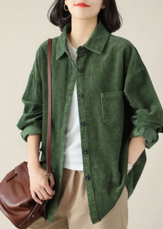 Diy Groene Turn-down Kraag Oversized Zak Corduroy Blouse Top Lente