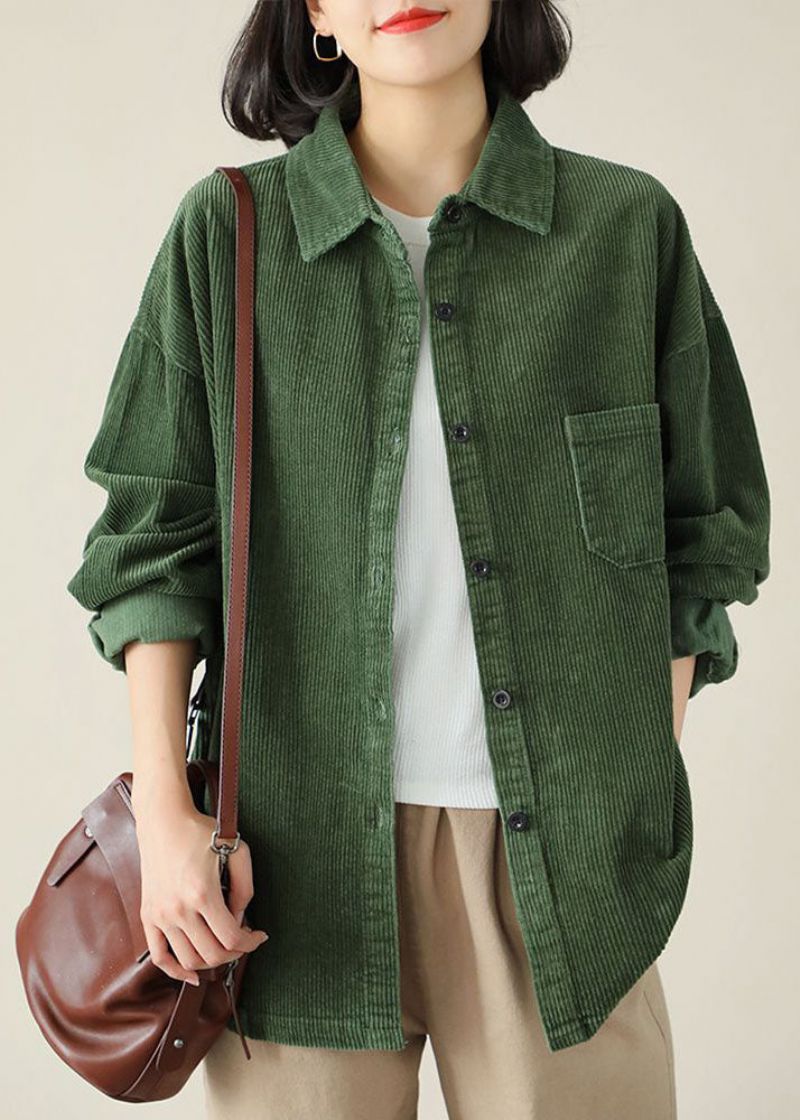 Diy Groene Turn-down Kraag Oversized Zak Corduroy Blouse Top Lente - Dames winterjassen