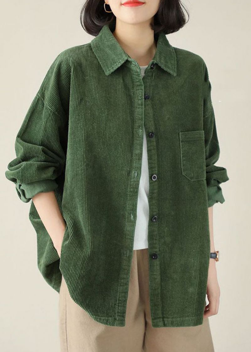 Diy Groene Turn-down Kraag Oversized Zak Corduroy Blouse Top Lente - Dames winterjassen