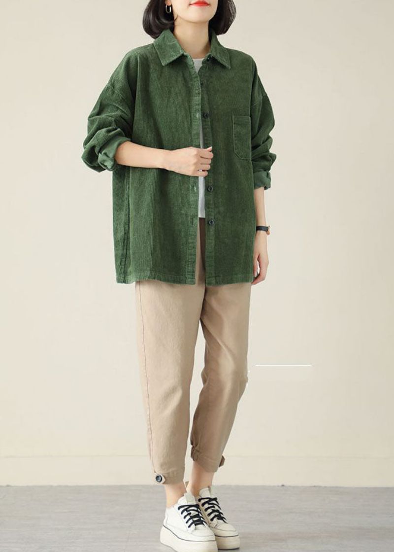 Diy Groene Turn-down Kraag Oversized Zak Corduroy Blouse Top Lente - Dames winterjassen