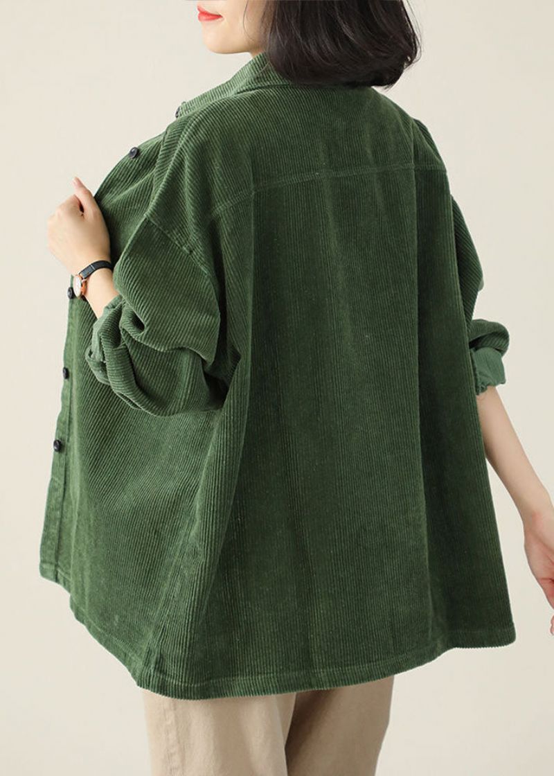 Diy Groene Turn-down Kraag Oversized Zak Corduroy Blouse Top Lente - Dames winterjassen