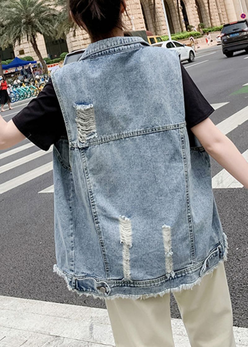 Diy Lichtblauw Denim Gilet Met Peter Pan-kraag Mouwloos - Lichtblauw