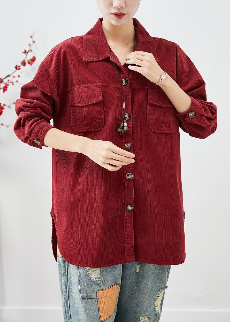 Dof Rood Corduroy Overhemdjassen Oversized Button-down Herfst - Dames winterjassen