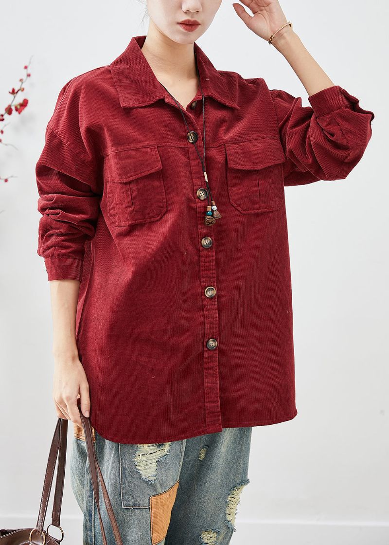 Dof Rood Corduroy Overhemdjassen Oversized Button-down Herfst - Dames winterjassen