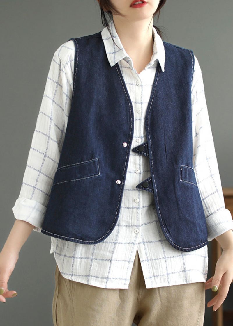 Donkerblauw Zakken Patchwork Denim Vest Zonder Mouwen - Donkerblauw