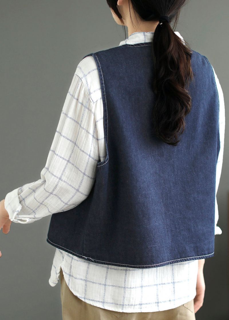 Donkerblauw Zakken Patchwork Denim Vest Zonder Mouwen - Donkerblauw