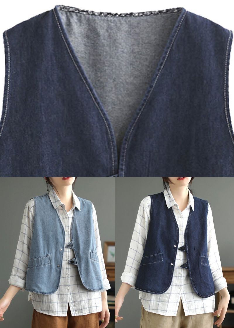 Donkerblauw Zakken Patchwork Denim Vest Zonder Mouwen - Donkerblauw