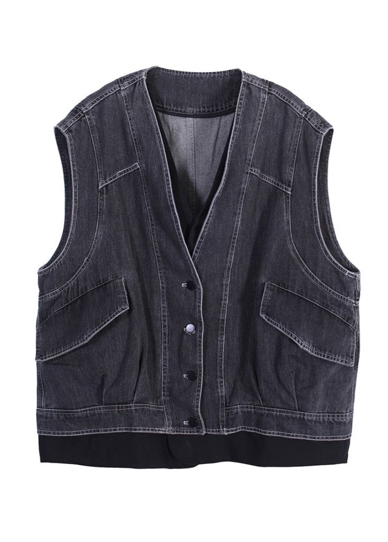 Donkergrijs Patchwork Knoop Met V-hals En Nep Tweedelige Denim Gilet Zonder Mouwen - Donkergrijs