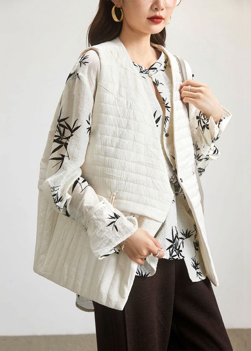 Eenvoudig Beige Mouwloos Vest Met V-hals En Patchwork Katoen Gevuld - Dames winterjassen