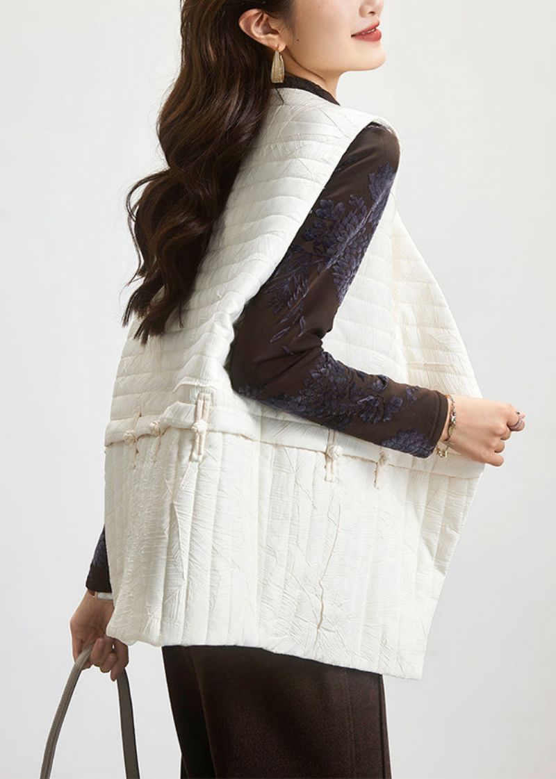 Eenvoudig Beige Mouwloos Vest Met V-hals En Patchwork Katoen Gevuld - Dames winterjassen