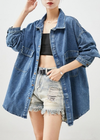 Eenvoudige Blauwe Oversized Zakken Denim Jas Uitloper Herfst