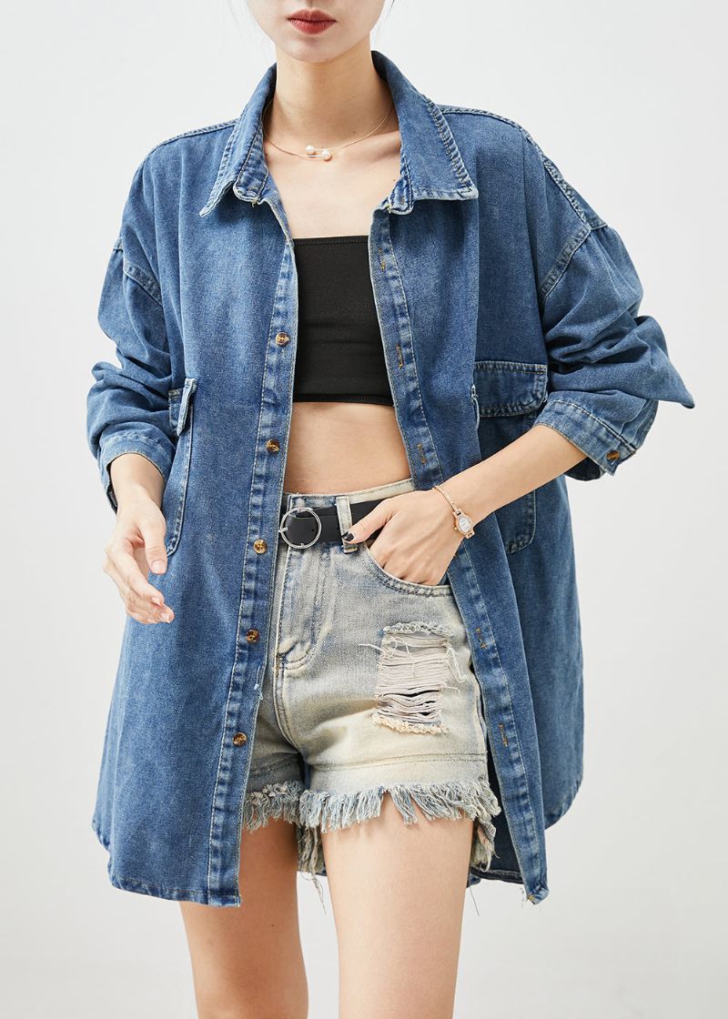 Eenvoudige Blauwe Oversized Zakken Denim Jas Uitloper Herfst - Dames winterjassen