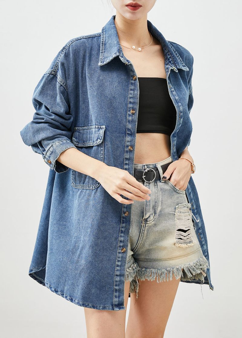 Eenvoudige Blauwe Oversized Zakken Denim Jas Uitloper Herfst - Dames winterjassen