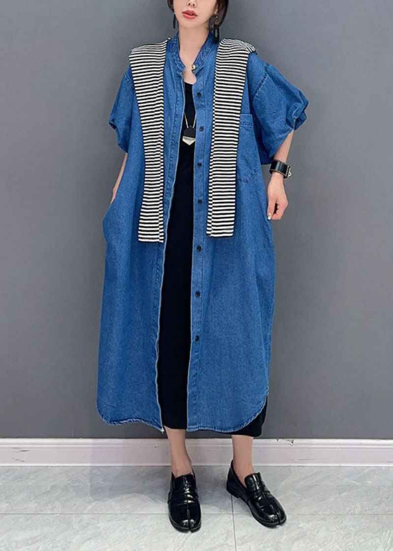 Eenvoudige Donkerblauwe Zakken Knoop Patchwork Denim Lange Jassen Zomer - Dames winterjassen