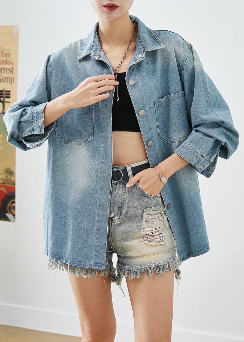 Eenvoudige Lichtblauwe Oversized Zakken Denim Overhemdjassen Herfst