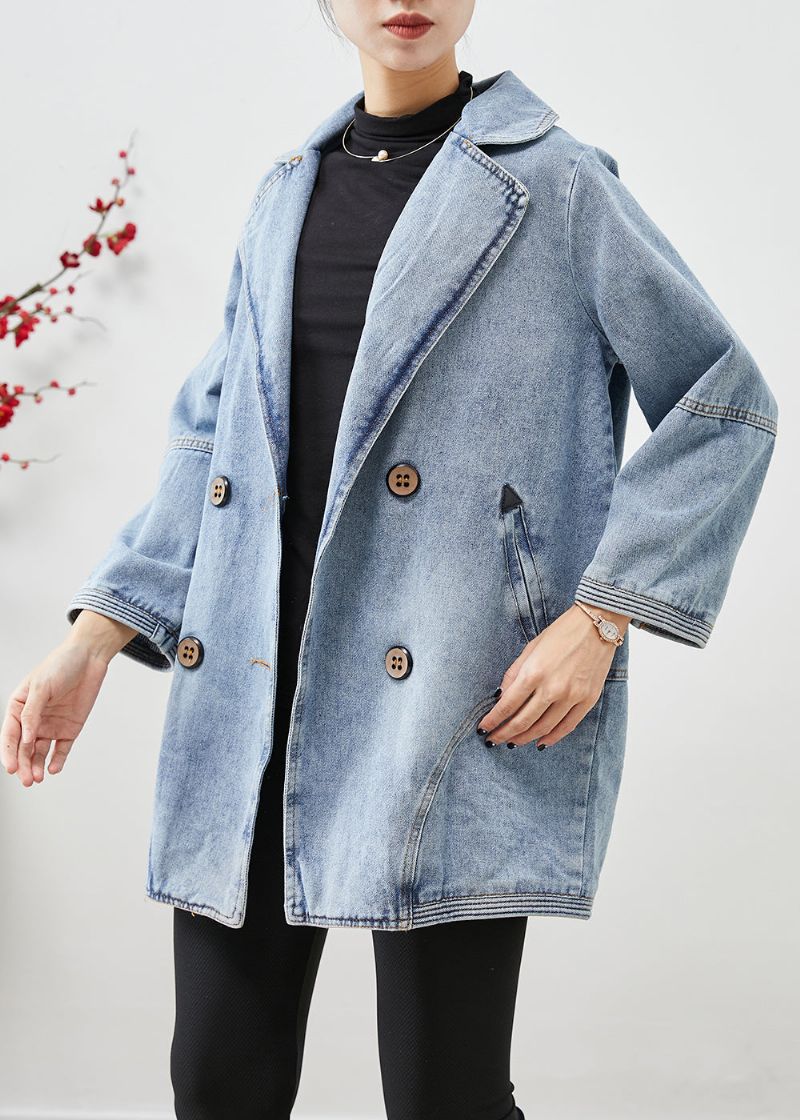 Eenvoudige Lichtblauwe Patchwork-denimjassen Met Dubbele Borsten Herfst - Dames winterjassen