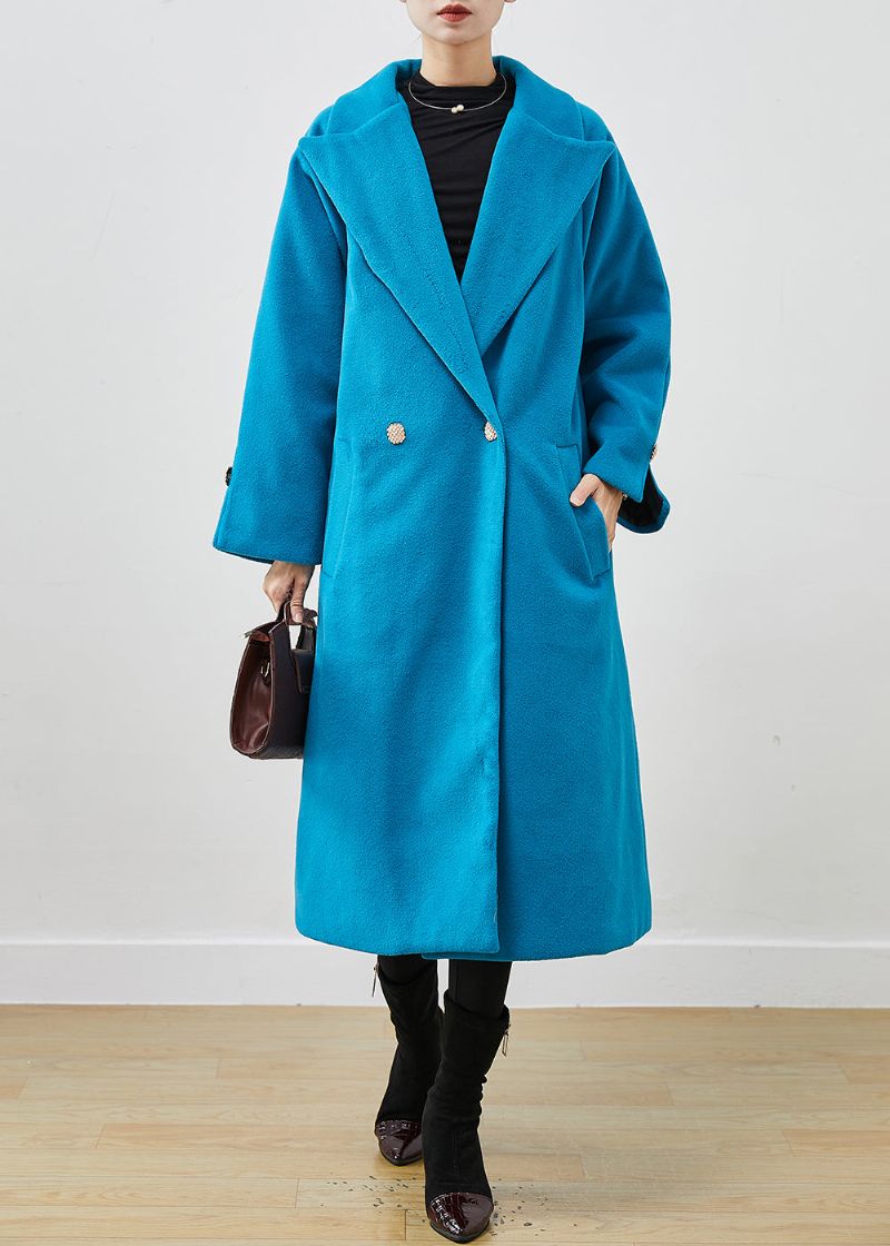 Eenvoudige Meerblauwe Oversized Wollen Trenchcoat Met Dubbele Rij Knopen