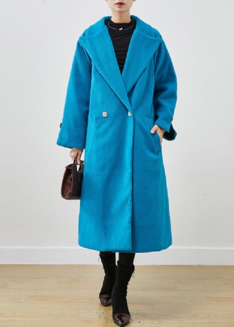 Eenvoudige Meerblauwe Oversized Wollen Trenchcoat Met Dubbele Rij Knopen