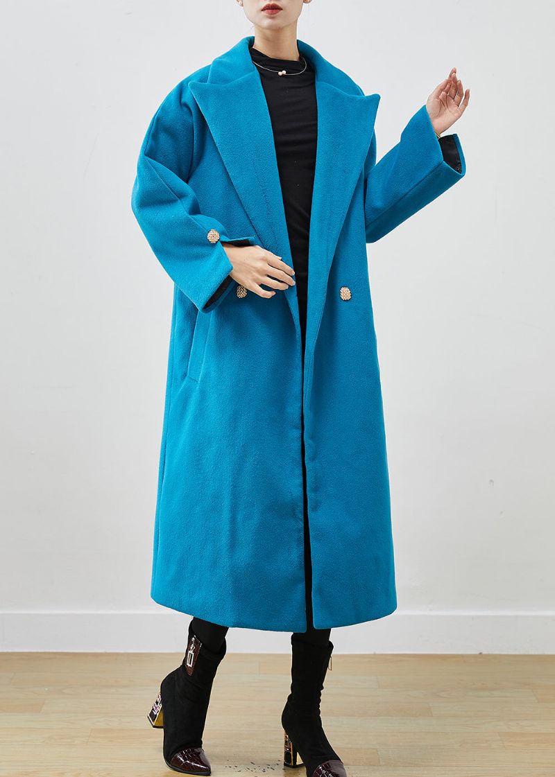 Eenvoudige Meerblauwe Oversized Wollen Trenchcoat Met Dubbele Rij Knopen - Dames winterjassen