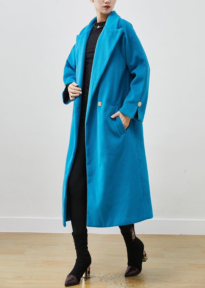 Eenvoudige Meerblauwe Oversized Wollen Trenchcoat Met Dubbele Rij Knopen - Dames winterjassen