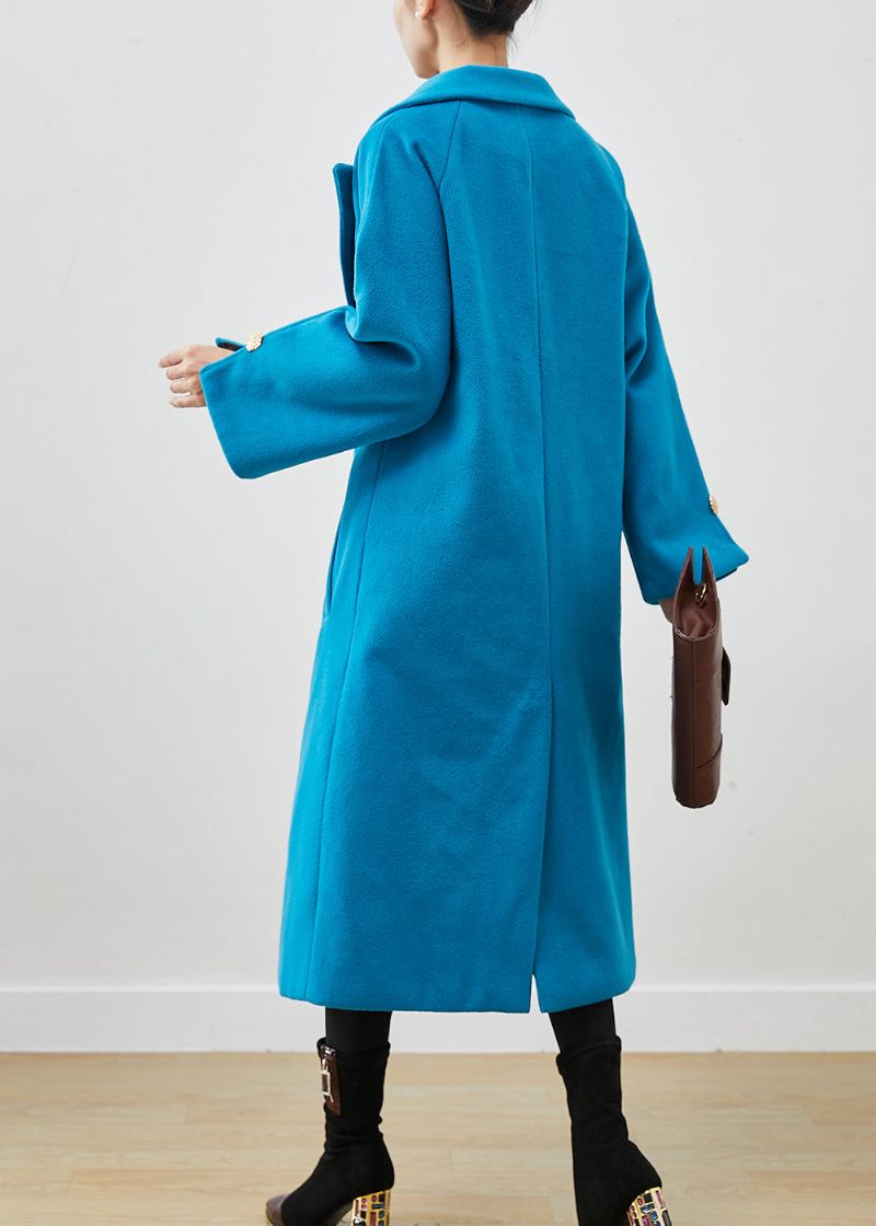 Eenvoudige Meerblauwe Oversized Wollen Trenchcoat Met Dubbele Rij Knopen - Dames winterjassen