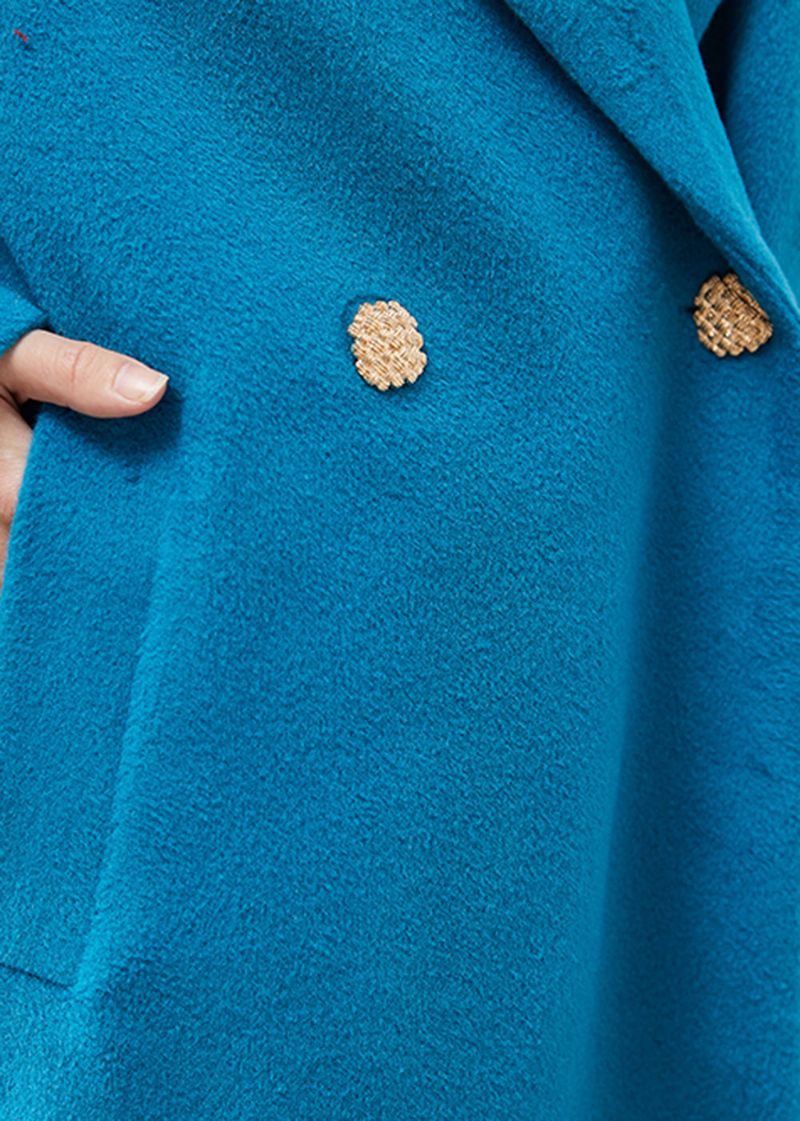 Eenvoudige Meerblauwe Oversized Wollen Trenchcoat Met Dubbele Rij Knopen - Dames winterjassen