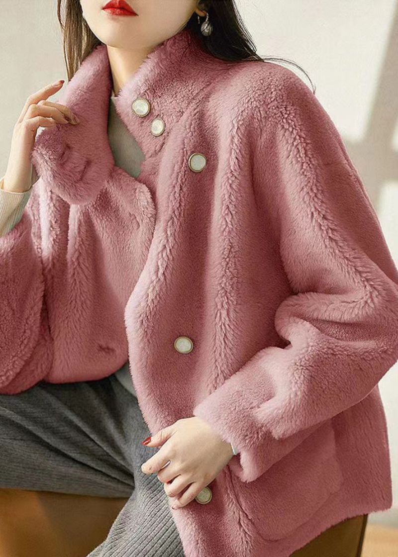 Eenvoudige Roze Opstaande Kraagzakken Patchwork Wollen Jassen Winter - Dames winterjassen