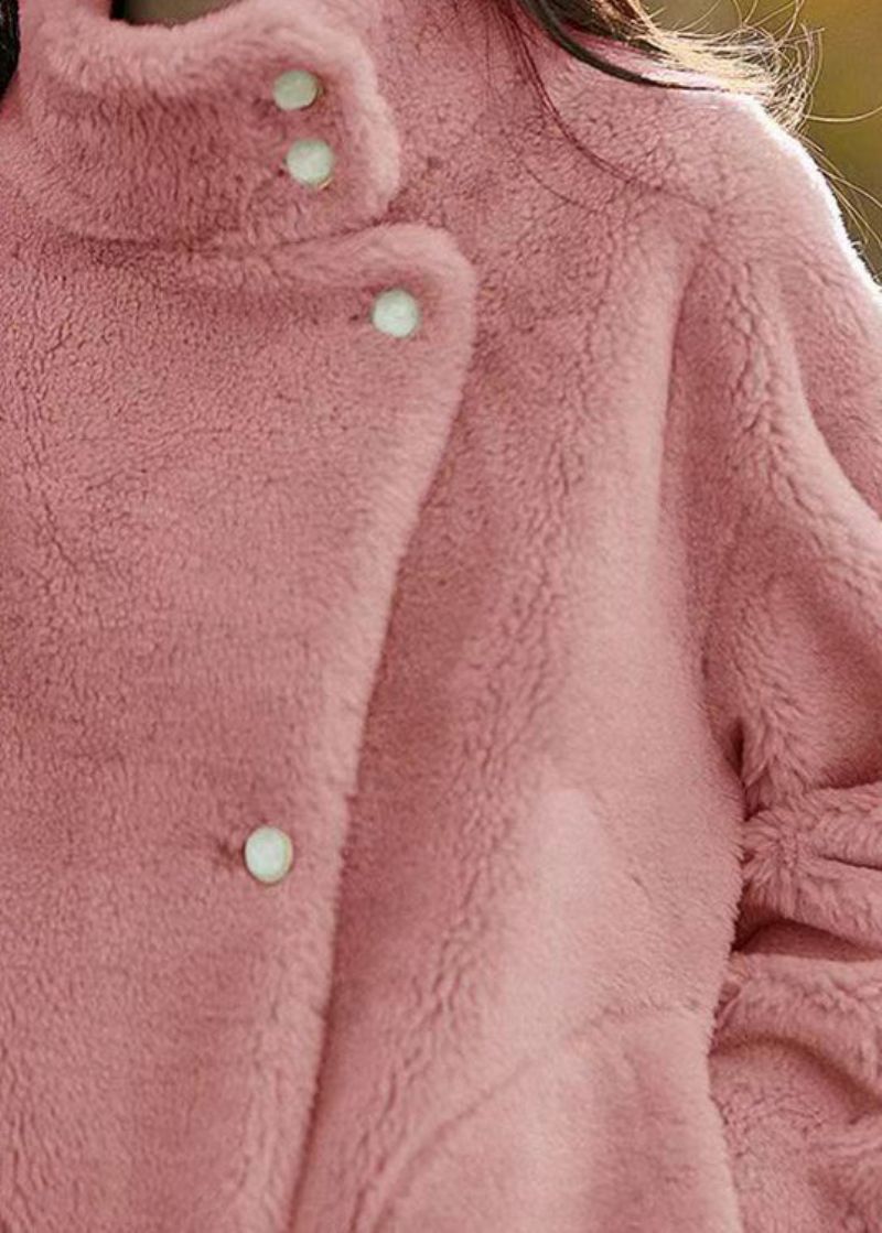 Eenvoudige Roze Opstaande Kraagzakken Patchwork Wollen Jassen Winter - Dames winterjassen