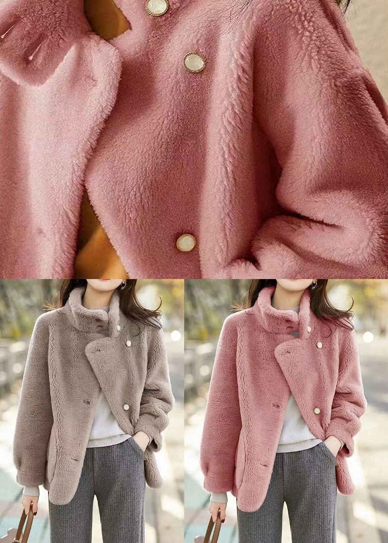 Eenvoudige Roze Opstaande Kraagzakken Patchwork Wollen Jassen Winter - Dames winterjassen