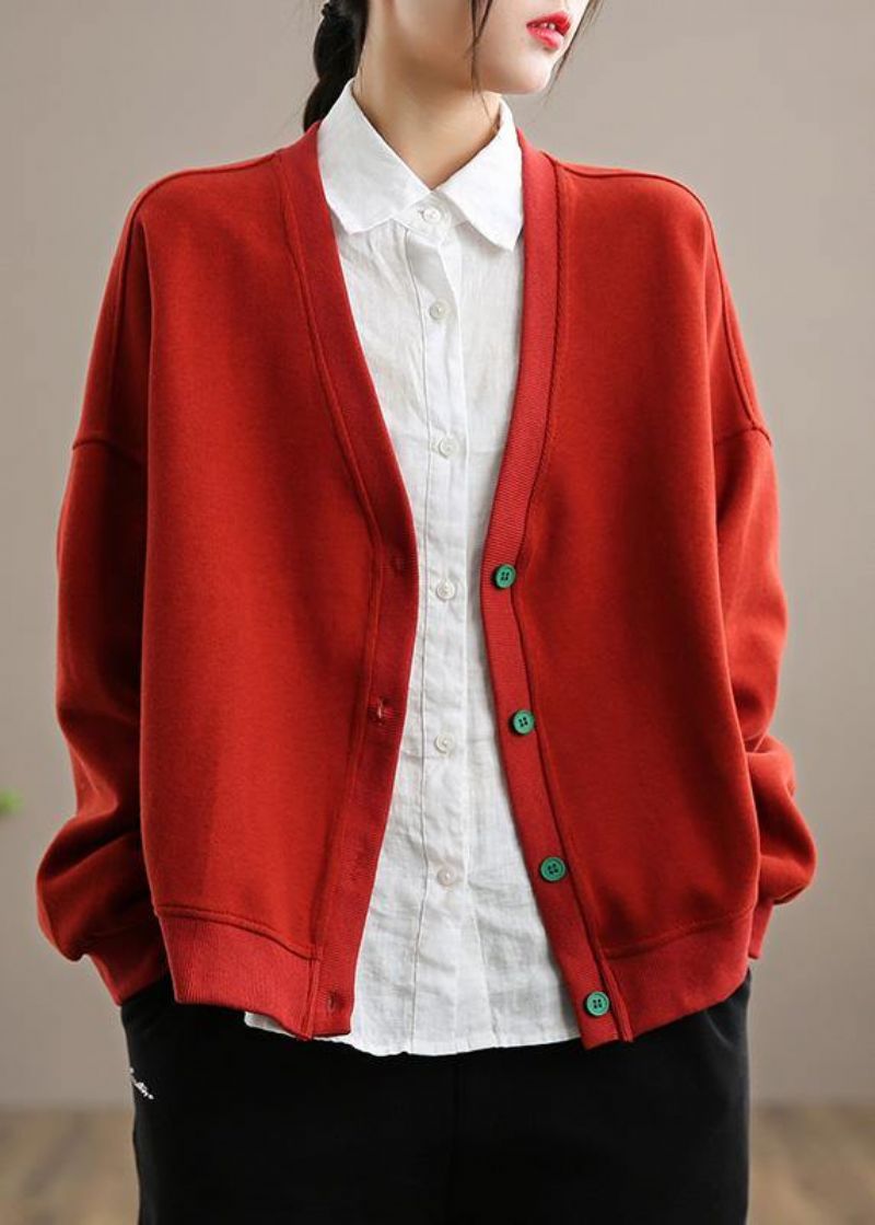 Eenvoudige V-hals Button Down Spring Red Uitloper