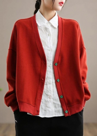 Eenvoudige V-hals Button Down Spring Red Uitloper