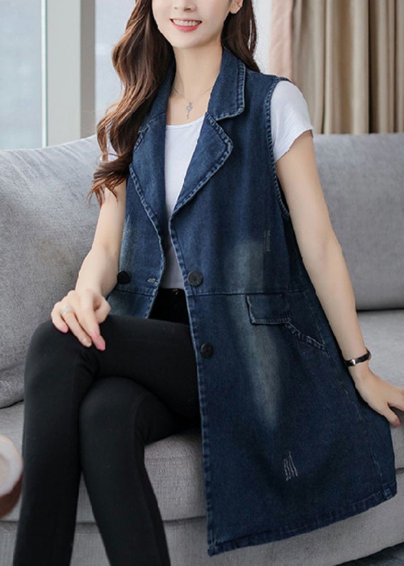 Elegant Blauw Denim Gilet Met Ingekerfde Patchwork-knopen Herfst