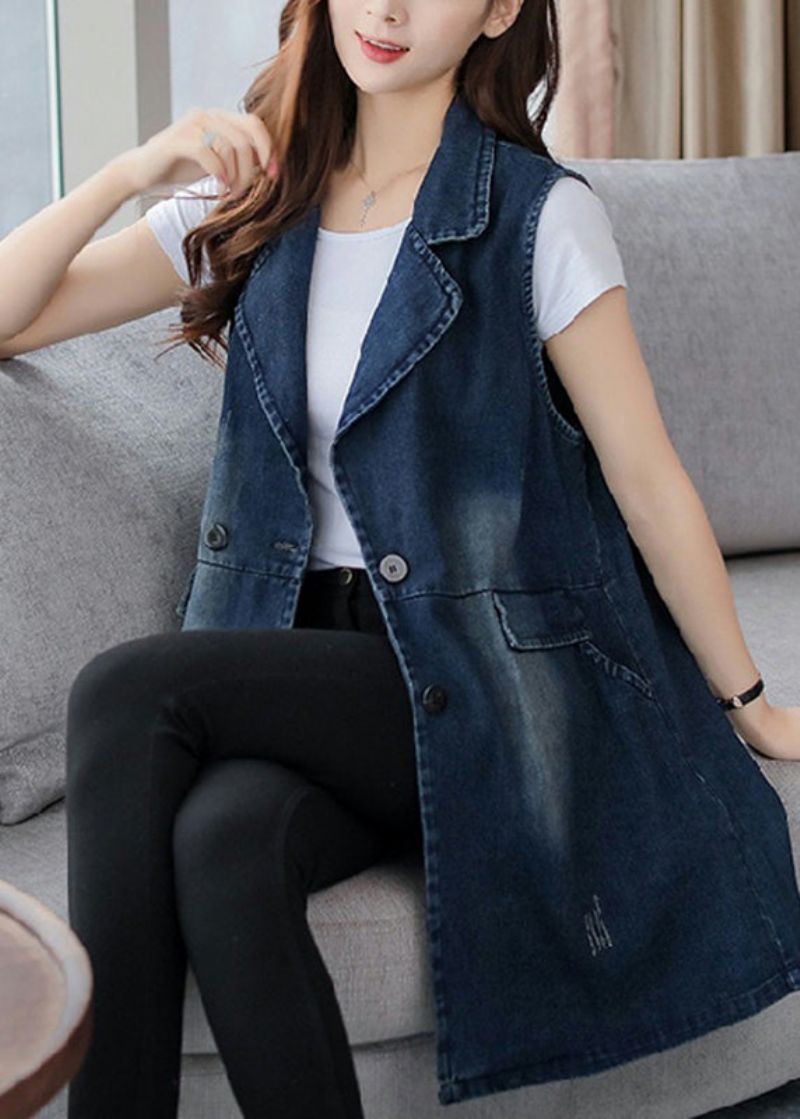 Elegant Blauw Denim Gilet Met Ingekerfde Patchwork-knopen Herfst - Dames winterjassen