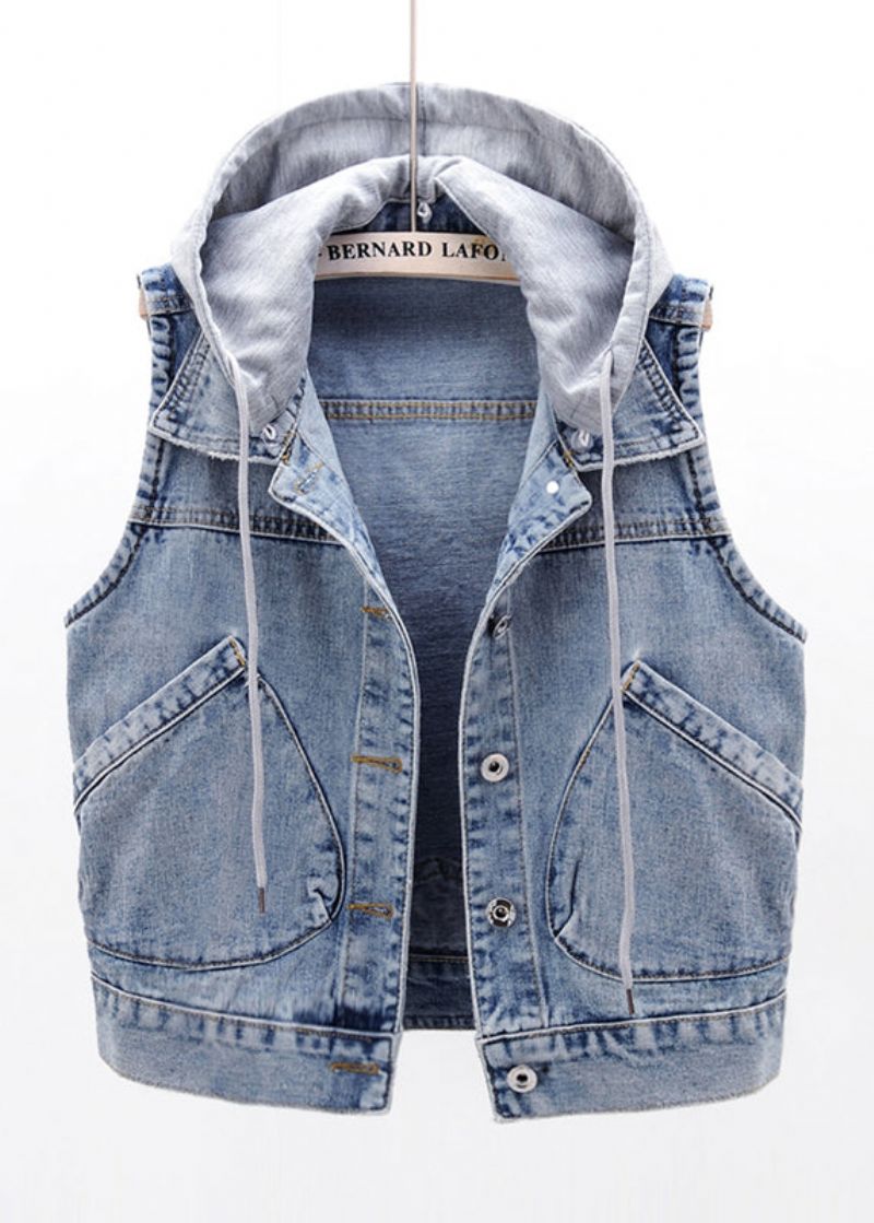 Elegant Lichtblauw Patchwork Zakken Denim Vest Met Capuchon En Mouwloos