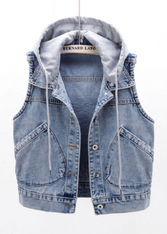 Elegant Lichtblauw Patchwork Zakken Denim Vest Met Capuchon En Mouwloos