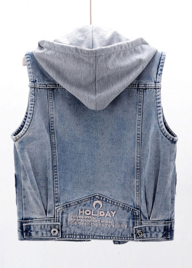 Elegant Lichtblauw Patchwork Zakken Denim Vest Met Capuchon En Mouwloos - Lichtblauw