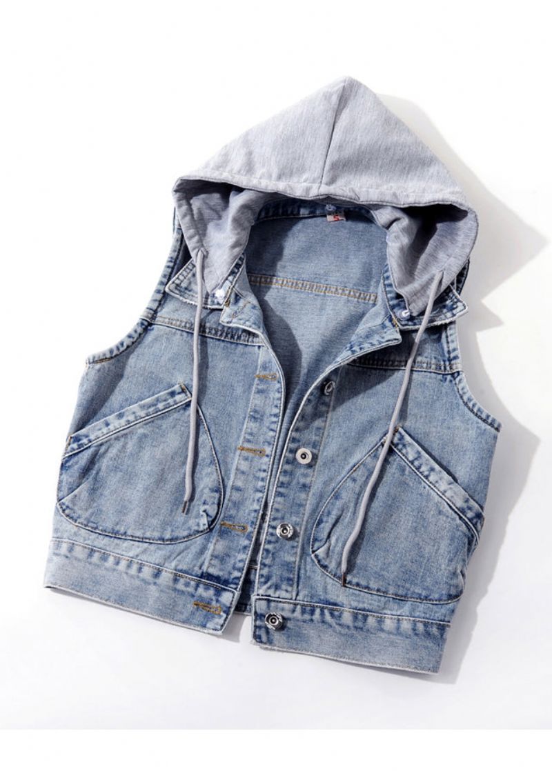 Elegant Lichtblauw Patchwork Zakken Denim Vest Met Capuchon En Mouwloos - Lichtblauw